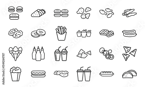 Line art illustrations of 24 types of popular fast food icons for restaurant menus and design concepts