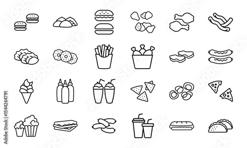 A minimalist black and white line art collection of 24 types of delicious fast food and snack icons