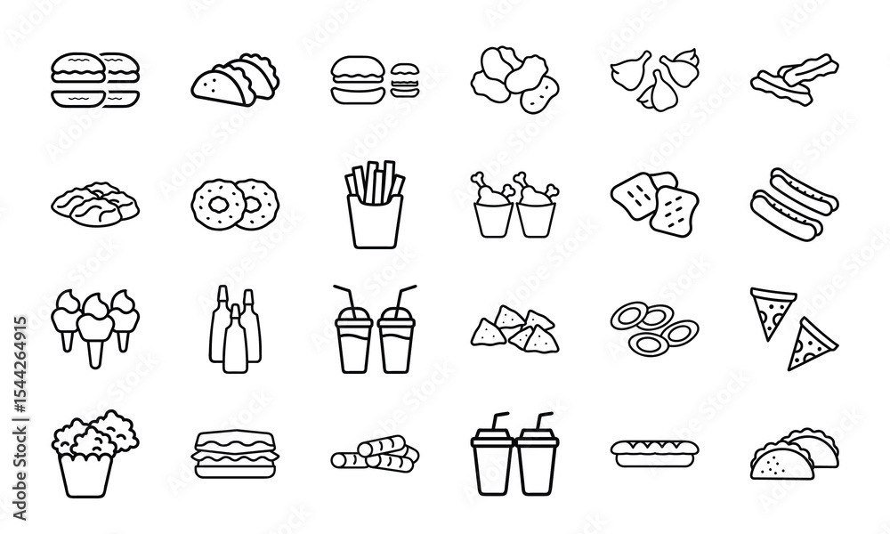 Fototapeta premium A collection of minimalistic line art illustrations depicting 24 types of popular fast food items