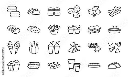 Line art vector illustration of 24 types of popular fast food icons arranged in a neat grid layout