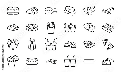 A collection of minimalistic line art illustrations depicting 24 types of popular fast food items