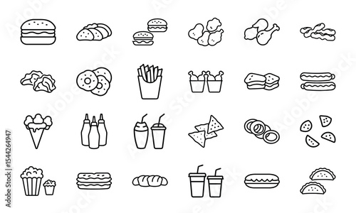 Black and white line art illustrations showcasing 24 types of popular fast food items