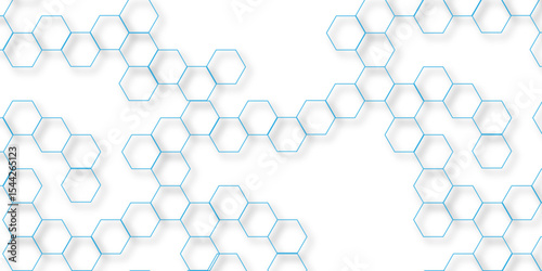 Abstract white background with blue hexagons seamless pattern and geometric in vector design. Futuristic blue neon honeycombs. Modern technology design .Minimal style website banner, decoration .
