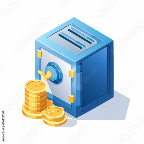 Isometric Illustration of a Blue Safe with Stacks of Gold Coins