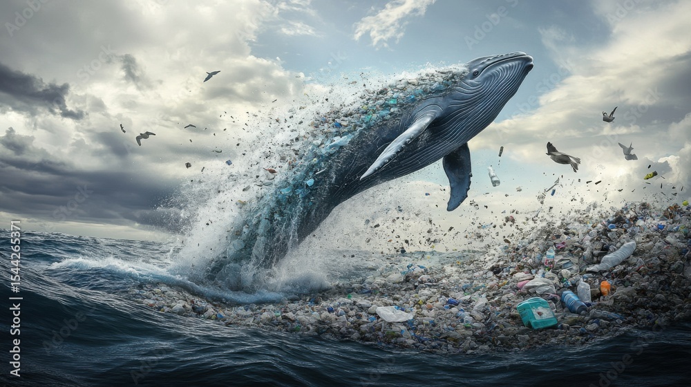Fototapeta premium A whale jumping out of the ocean, but instead of water, it splashes out a stream of plastic waste, artistic environmental concept,