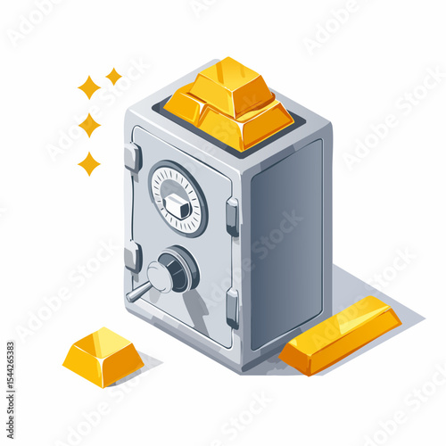 Isometric Illustration of a Steel Safe with Gold Bars