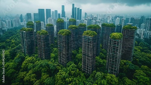 Lush green rooftops on high-rise buildings in a dense city, blending urban and natural landscapes