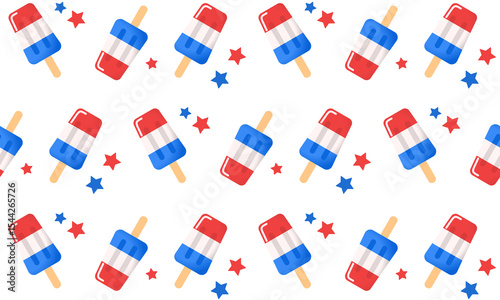  Popsicle seamless pattern. Red and blue white summer decor. Good for 4th of July, memorial day, Columbus day wrapping paper, textile prints, banners, backgrounds.