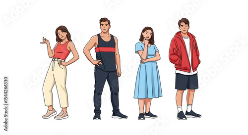 Four Diverse Cartoon People Posing in Casual Outfits, Isolated