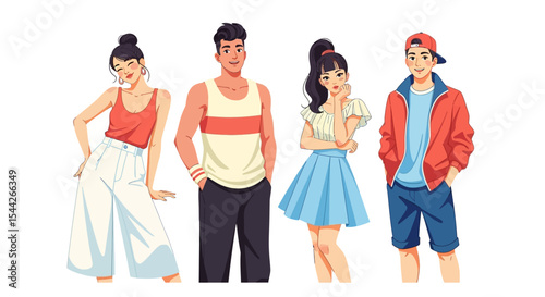 Four Young Adults in Stylish Casual Outfits, Posing Together