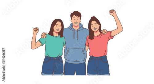 Happy Diverse Group of Three Young Friends Posing Together, Smiling, Wearing Casual Clothes