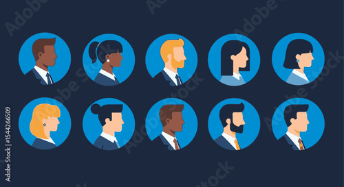 Ten Diverse Business Professionals in Profile, Flat Design, Blue Circles