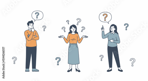Three People in Thoughtful Poses with Question Marks