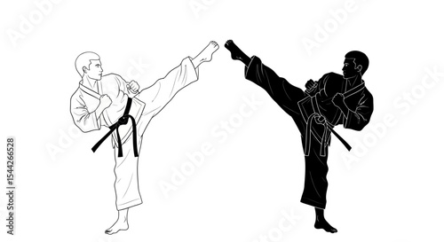 Two Karateka in High-Kick Stance, Black and White Silhouette