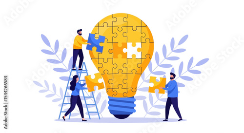 Yellow Light Bulb Puzzle with People Assembling Pieces, Teamwork Concept