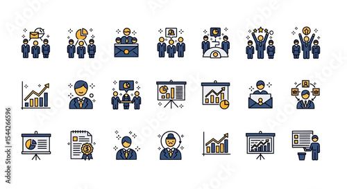 Business Collaboration Icons Set, Various Business Situations, Flat Style