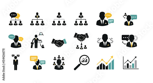Collection of Business Icons Featuring Silhouettes of Professionals in Various Interactions