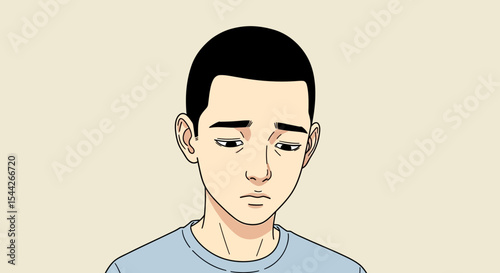 Depressed Young Man with Short Hair in Light Blue T-Shirt