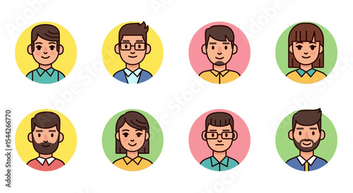 Diverse Cartoon Avatar Set: Male and Female Characters in Circles