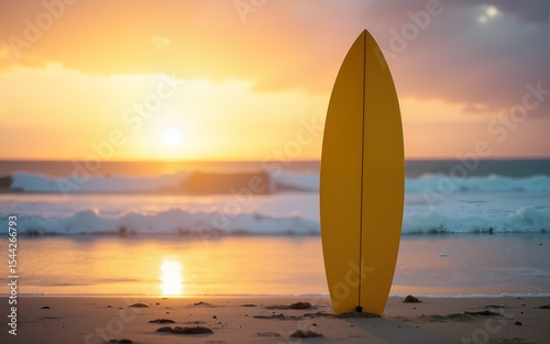 Yellow surfboard stands on sandy beach at sunset with ocean waves in background. High quality