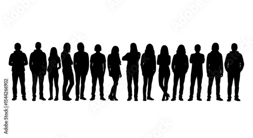 Diverse Group of People Silhouettes Standing in a Row on White Background