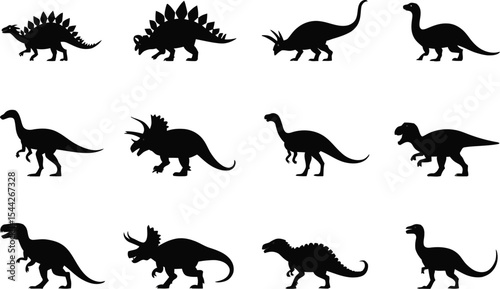 Twelve dinosaur silhouettes arranged in a grid on a light background