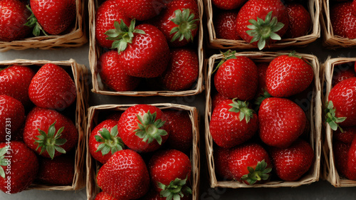 Baskets of freshly picked homegrown strawberries. Top-down view. 