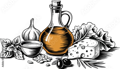 Illustration of olive oil, cheese, garlic and basil on a white background