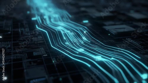 Futuristic Digital Circuit Technology with Glowing Abstract Lines on Dark Electronic Board Showcasing Data Flow and High Tech Electronic Design