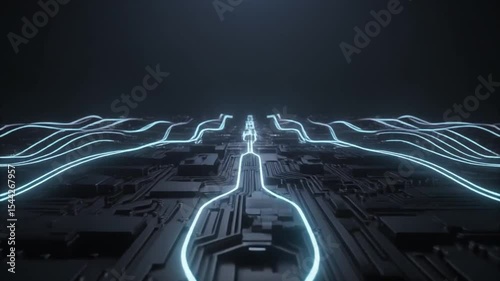 Futuristic Digital Technology Featuring Glowing Lines Flowing Seamlessly Across Dark Circuit Board with Neon Energy and Innovation in Electronic Computer Environment