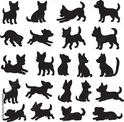 Silhouettes of various dog breeds in playful poses on a white background, perfect for animal lovers and creative projects