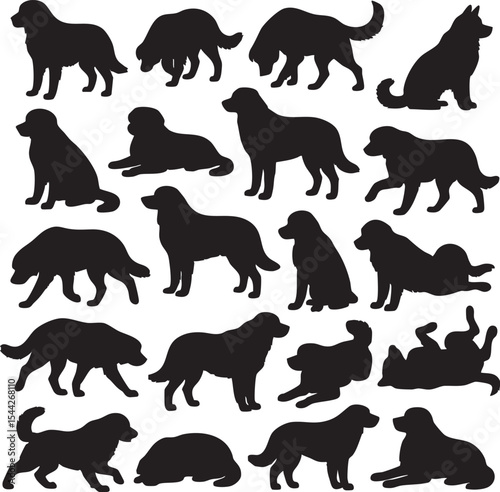 Diverse silhouettes of dogs engaging in various poses and activities on a simple background