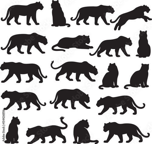 Various silhouettes of cats and big cats in a repetitive pattern on a white background showcasing different poses and movements