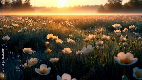 Scenic sunrise over peaceful flower field showcasing vibrant blooms and lush greenery, capturing essence of natural beauty and tranquility in outdoor landscape during morning hours