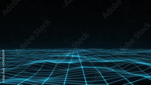 Futuristic Digital Landscape Featuring Glowing Blue Grid Pattern and Animated Lines Under Starry Night Sky in Virtual Environment with Glowing Lines and Night Sky Elements