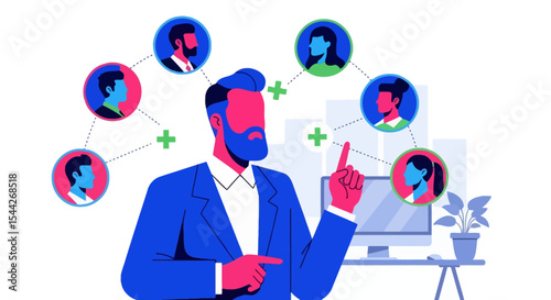 Businessman Connecting with Colleagues via Network, Pointing at Connections