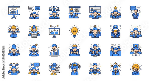 Collection of Diverse Blue and Yellow Business Team Icons: Presentations, Leadership, and Collaboration