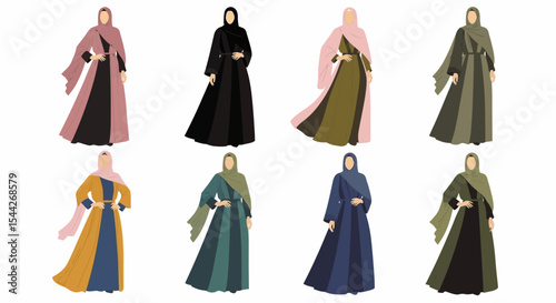 Collection of Muslim Women's Fashion: Abayas and Hijabs in Various Colors and Styles