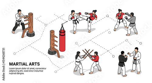 Isometric Martial Arts Illustration Featuring Various Training and Fighting Techniques
