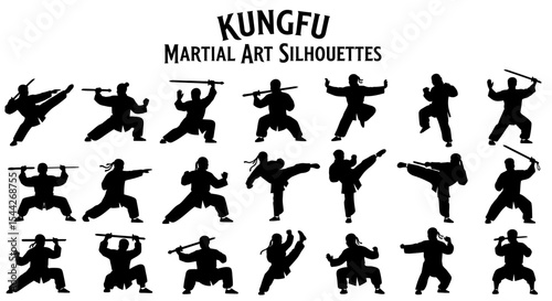 Kung Fu Martial Art Silhouettes: Collection of 24 Black Silhouettes Depicting Diverse Kung Fu Poses and Weapon Usage