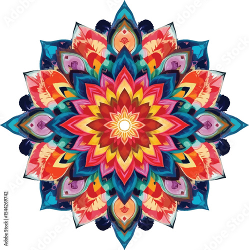 A colorful mandala design with symmetrical patterns and vibrant hues on a white background art piece