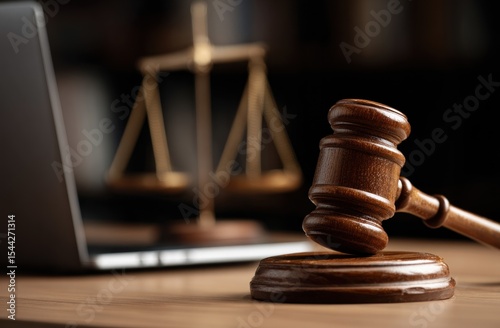 Wooden gavel and scales on a desk