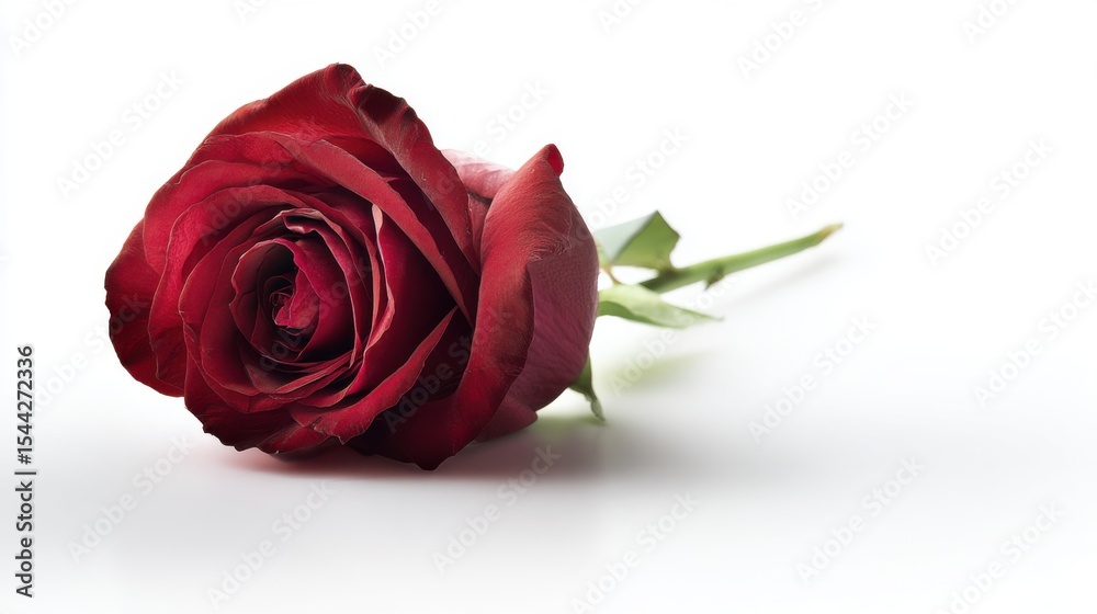 Fototapeta premium A single deep-red rose with velvety petals tightly furled, rich hue darkening towards edges, green stem and leaves contrast stark white background, soft lighting highlights delicate texture.