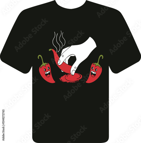 Spicy T-shirt design featuring a hand grinding a chili pepper