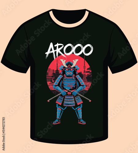 Samurai Warrior T-Shirt Design with Japanese Cityscape and Bold Text