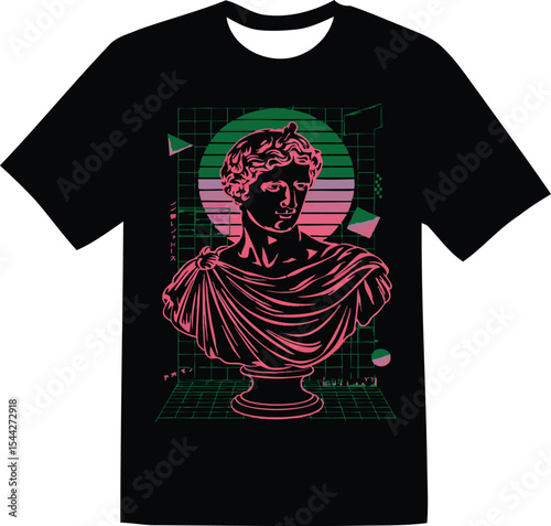 Black T-Shirt Featuring Vaporwave-Style Bust of a Classical Sculpture