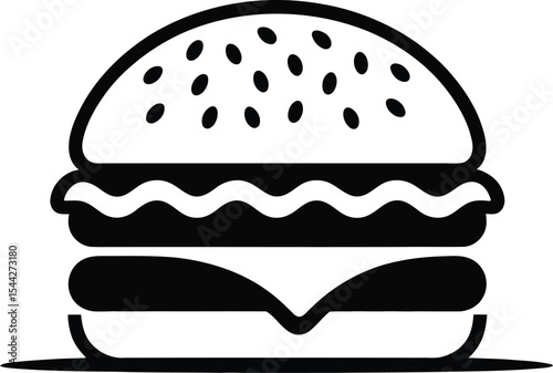 Isolated black and white graphic of a burger with sesame seed bun top