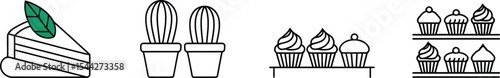Illustration showing cake slice, cacti in pots, and cupcakes on shelves