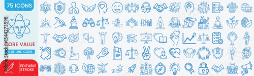 Core Values Editable Line Icon Set – Includes Integrity, Innovation, Teamwork, Responsibility, Honesty, Quality & More | Vector Illustration with Editable Stroke