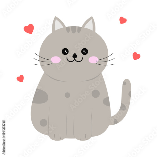 A happy cat.Cat with hearts isolated on white background.Smiling fluffy kitten sitting vector illustration.Cute pet.Kawaii animal cartoon.